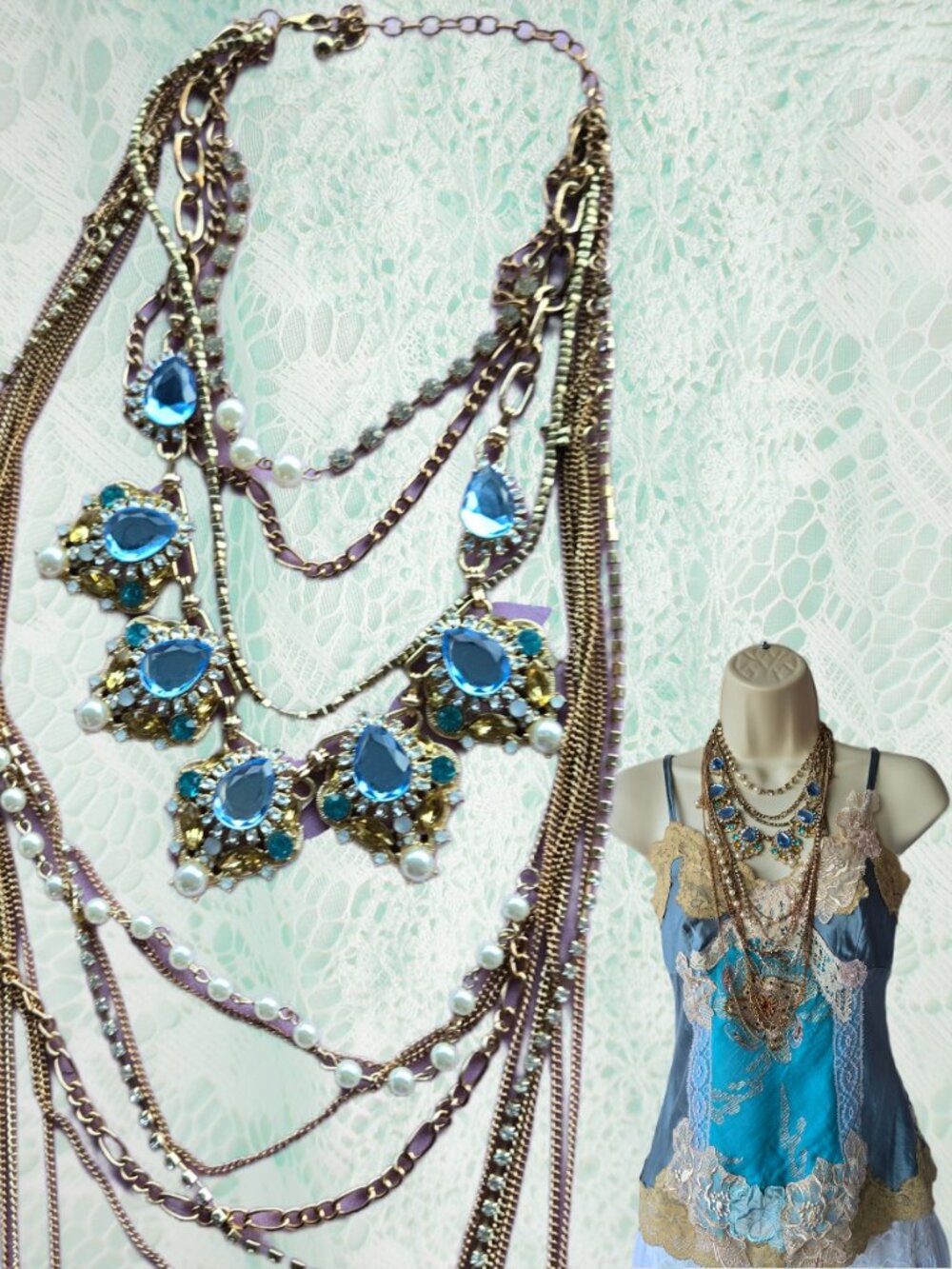Blue and Pearl Multi-Layer Statement Necklace Mermaidcore Y2k-Style Boho Indie